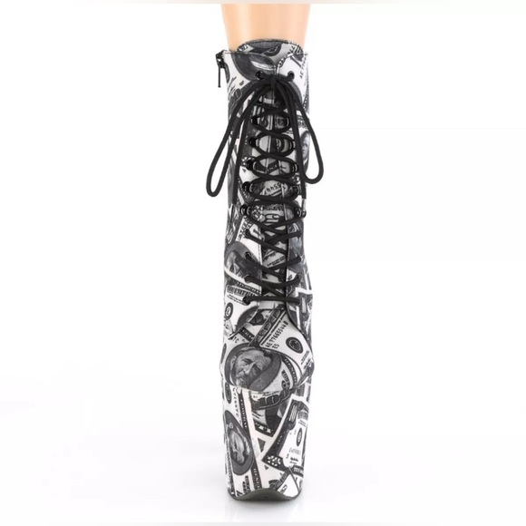 🦋B2G1🦋PLEASER  8" Heel White/Black Fabric Money Platform Side Zip Stiletto Boots - Picture 2 of 7
